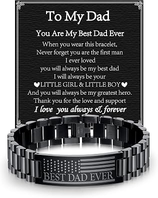 P. BLAKE Fathers Day Gift- Bracelet for Best Ever Dad Husband Boyfriend Son Grandpa, Stainless Steel American Flag Watch Band Link Bracelet Jewelry for Men Him