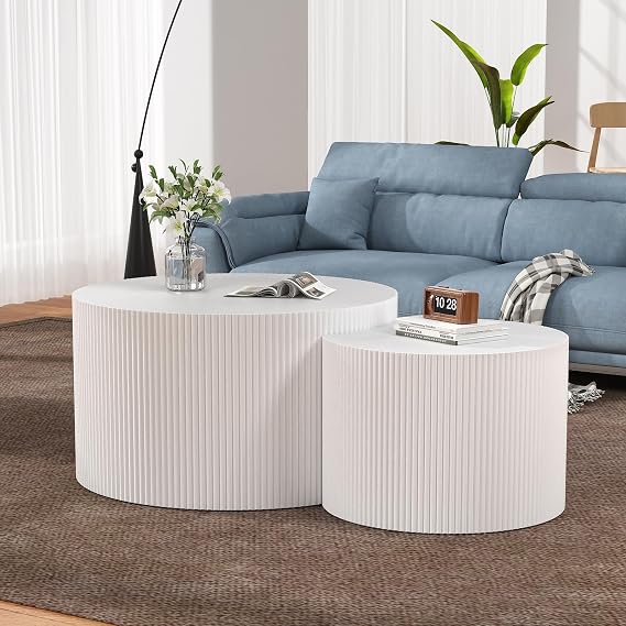 Round Nesting Coffee Table Set of 2 with Non-Slip Feet, Mid Century Modern Fluted Wooden Nesting Tables for Living Room, Small Spaces, Bedroom Balcony (A, C)