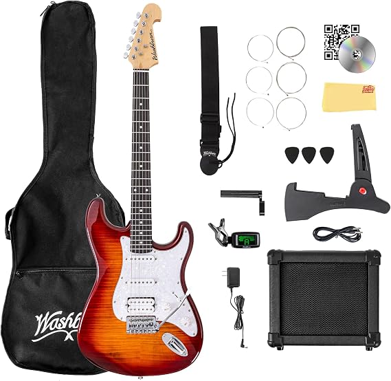 مجموعة Washburn SDFSB Sonamaster Deluxe Electric Guitar Pack - مجموعة Sunburst مع مكبر للصوت وكابل وحقيبة حفلات وحزام وريشات ولفافة أوتار وأوتار وقرص DVD تعليمي وقطعة قماش تلميع Austin Bazaar