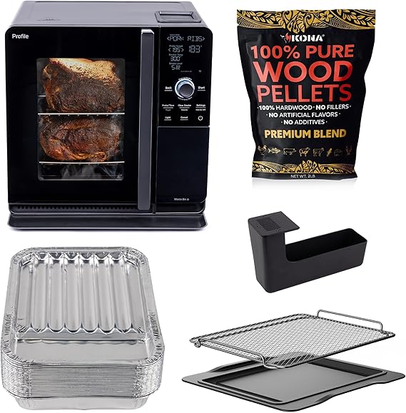 مجموعة GE ProfileTM Smart Indoor Pellet Smoker + Accessories، تتضمن أربع أكياس بوزن 1 رطل، ومصفاة، و20 عبوة من بطانات مقلاة التنقيط، وصينية تحضير، من الفولاذ المقاوم للصدأ، أسود الكربون