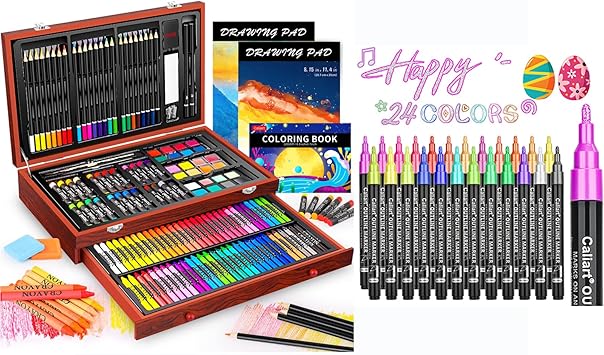 Caliart 153-Pack Deluxe Wooden Art Supplies, 34 Double Tip Brush Pens Art Markers, Pencils Drawing Set kit Mothers Day Gift for Mom Artists Adults Teens Kids