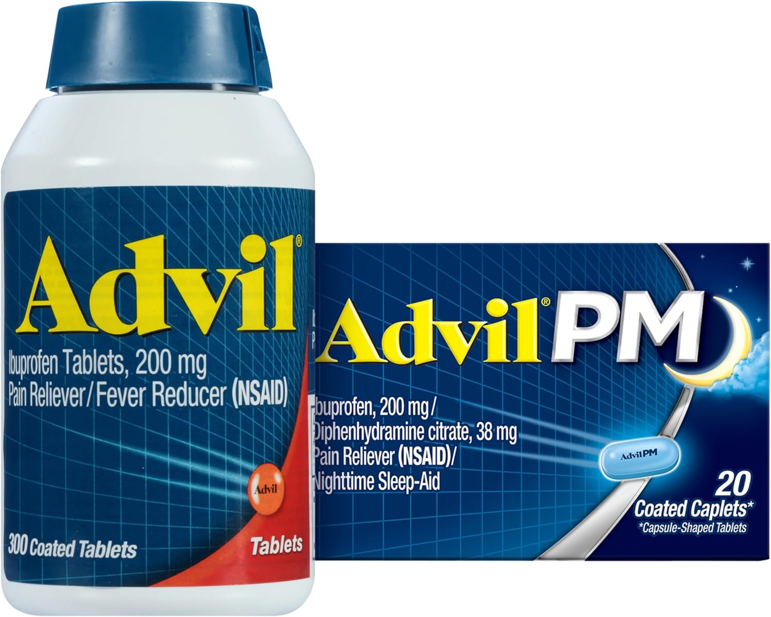 Advil Pain Reliever and Fever Reducer، Ibuprofen 200mg for Pain Relief - 300 Count، Advil PM Pain Reliever and Nighttime Sleep Aid، Ibuprofen for Pain Relief and Diphenhydramine Citrate - 20 Count