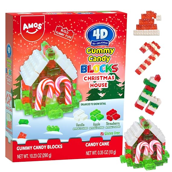 Amos 4D Christmas Candy Gummy Blocks، Edible Blocks Christmas House with Candy Canes، Fruit Snacks خالية من الغلوتين، Xmas-themed Stuffer، 10.58oz Pack (Random Packing)