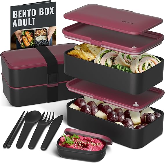 Bentoheaven Premium Bento Box صندوق غداء للكبار مع مقصورات للنساء والرجال ، مجموعة من Utensil & Chopsticks & Dip Container ، Cute Japanese Kids Bento Lunch Box ، Microwavable (Very Berry)