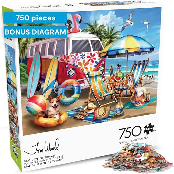 Buffalo Games Dog Days of Summer by Tom Wood 750 Piece Jigsaw Puzzle for Adults Precision-Cut Pieces, Beautiful Artwork, and Hours of Relaxing Fun - Relaxing Beach Day with The Family Pet