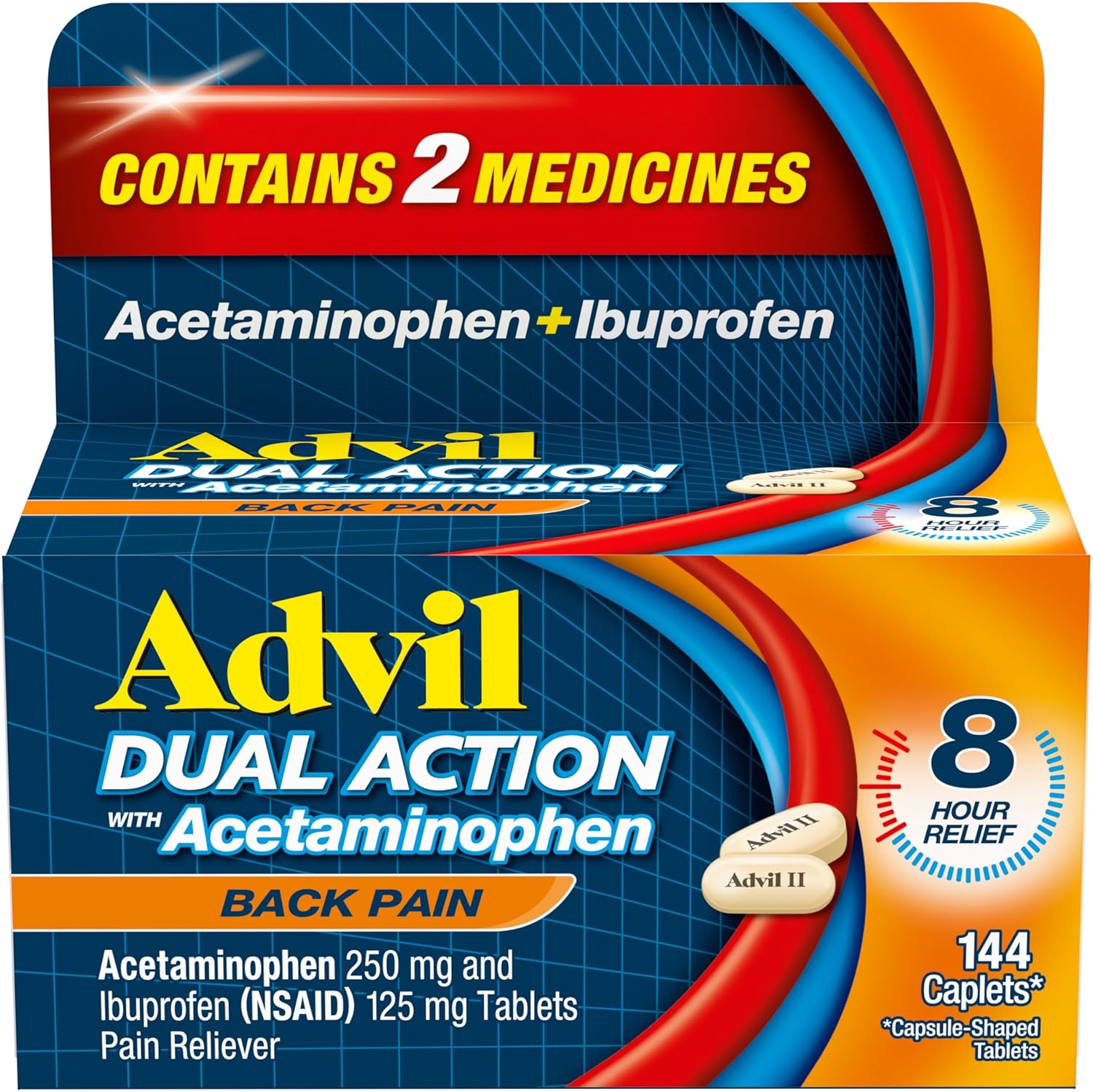 كبسولات ألم الظهر Advil Dual Action تقدم 250mg Ibuprofen و 500mg Acetaminophen لكل جرعة لمدة 8 ساعات من تخفيف آلام الظهر - 144 Count