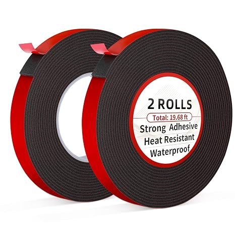 Double Sided Tape Heavy Duty 2 Rolls Adhesive Tape, 19.68ft Strong Double Sided Mounting Tape, Waterproof Mounting Foam Tape, Two Sided Tape for Car, Home, Wall Hooks, LED Strips, DIY Projects