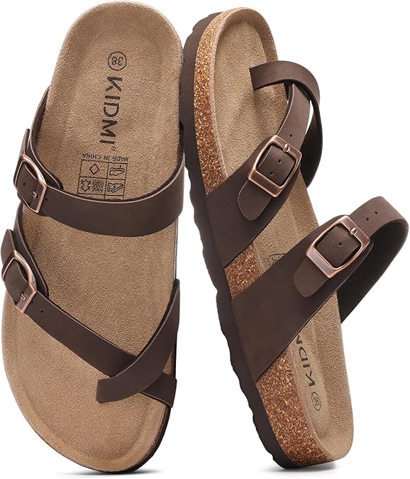 KIDMI Women's Cork Footbed Sandals with Toe Loop, Comfortable Summer Slip-On Slides with Adjustable Buckle