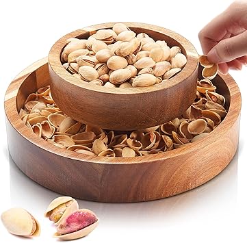 Tioncy Pistachio Snack Bowl with Shell Storage Magnetic Hold Wood Double Layer Pistachio Bowl with Shell Holder for Sunflower Seeds and Snack(Round)