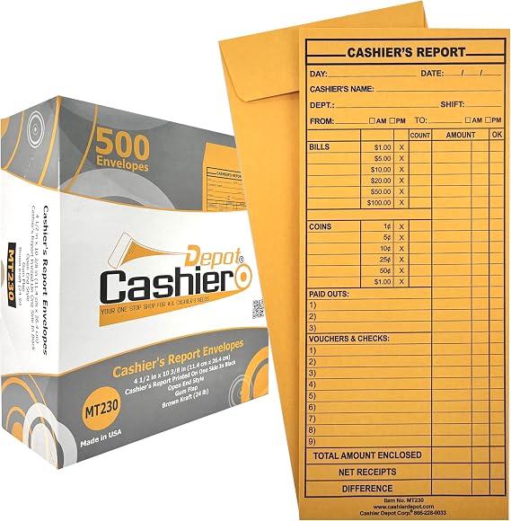 500 Cashier Depot - Cashier's Report Envelope MT230, 4 1/2" x 10 3/8", Sturdy 24lb. Brown Kraft, Gum Flap, 500 Count