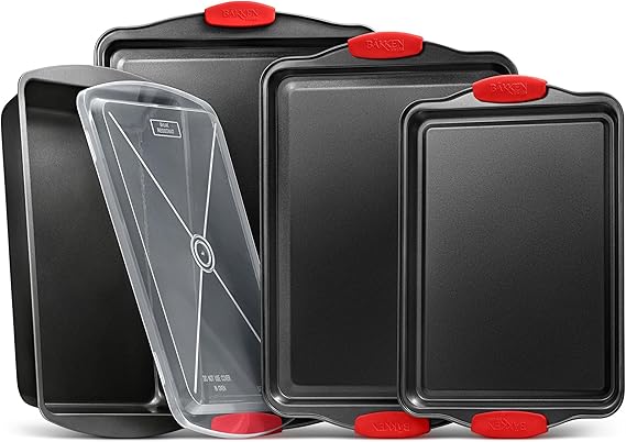 Nonstick Cookie Sheet Pans Set of 5 - Professional Quality Carbon Steel Baking Sheet Trays with Gray Coating Inside & Outside Small, Medium, Large Pans, Roaster Pan, and Plastic Lid