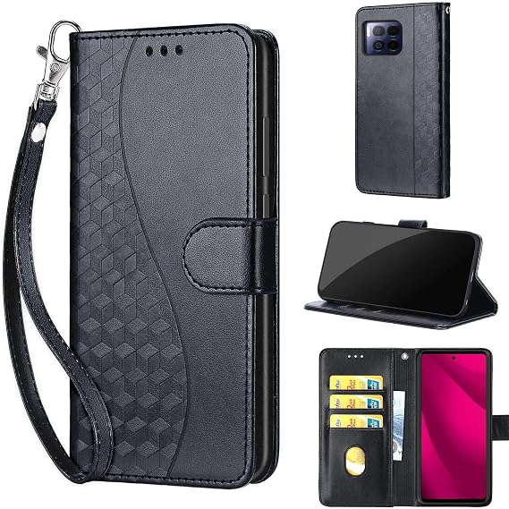 Wallet Case for T-Mobile Revvl 7 Pro 5G, Black | Women Flip Folio Cover, Embossed PU Leather, Stand, Credit Card Holders Slots, Wrist Strap