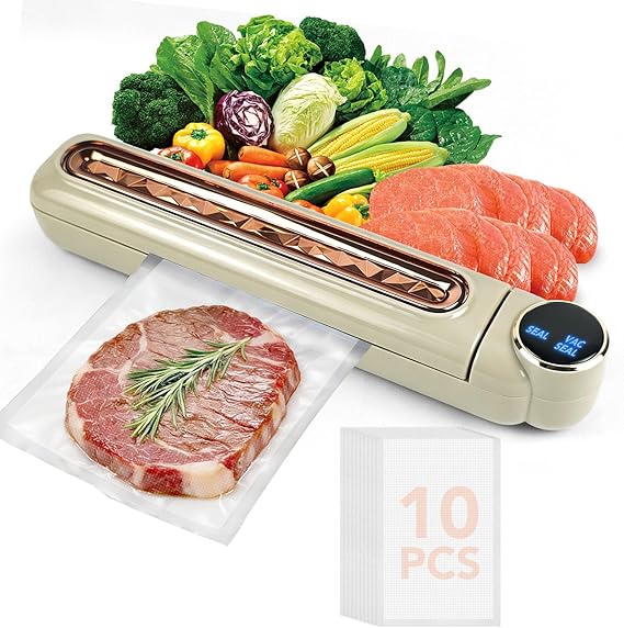 Compact Vacuum Sealer for Food, 78KPA Suction, Dry/Wet Modes, Portable Meat Sealing Machine with 10 reusable Sous Vide vacuum bags, LED Touch Controls Easy to Use, Green