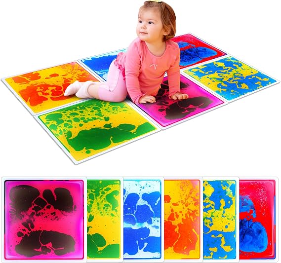 بلاط الأرضية الحسي للأطفال الصغار: 6 Pack Liquid Play Mats، مربعات 12 x12 لوحة الألغاز الحسية للتوحد، ألعاب بلاط الحمم البركانية منصات الرقص الخطوة، الفصول الدراسية لمرحلة ما قبل المدرسة مونتيسوري جروس موتور ألعاب الرعاية النهارية