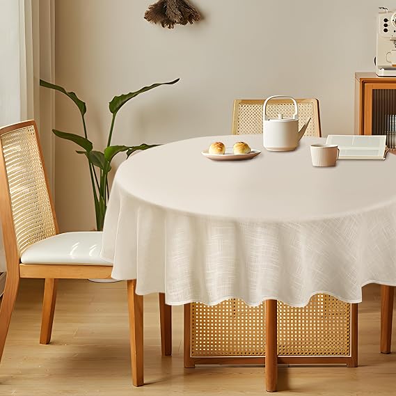 Linen Textured Round Tablecloth, Slubby Lightweight Table Cloth 52 Inch, Water Resistant Stain Resistant Farmhouse Burlap Table Cover for Kitchen Dining Room