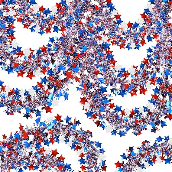 4th of July Garland Decorations,50Ft Red White and Blue Tinsel Garland Patriotic Star Garlands for 250th Anniversary Independence Day Memorial Day Party Table Yard Door Indoor Outdoor Holiday Home
