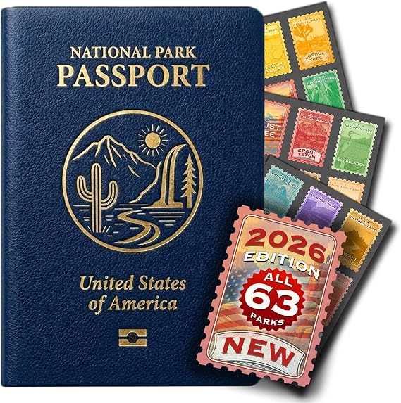 National Park Passport Book, Travel Journal Notebook and Adventure Book for Camping Essentials, USA Travelers Notebook with US Travel Map and National Parks Stickers, Hiking Gifts for Adults and Kids