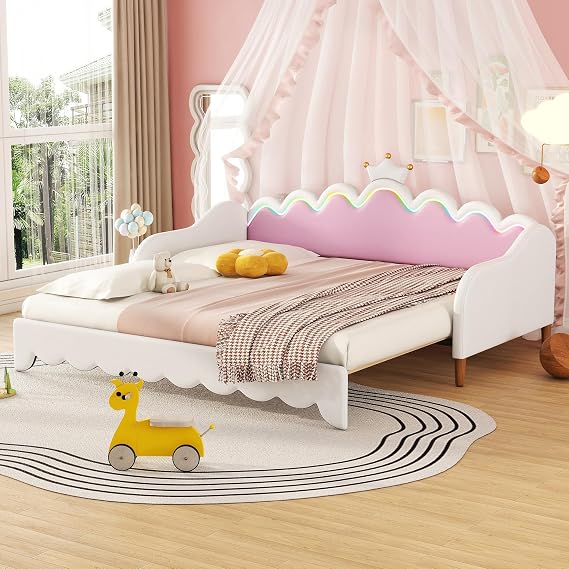 Modern Upholstered Princess Daybed with Crown Headboard, Twin to King Size Extending Daybed Sofa Bed with LED Lights for Bedroom, Wood Slat Support, No Box Spring Needed (White)