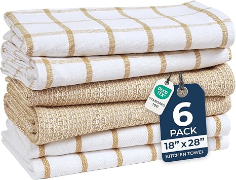 مجموعة مناشف المطبخ ومفارش الأطباق القطنية من LANE LINEN، 6 عبوات ماصة، منشفة أطباق سريعة الجفاف، 18 بوصة x 28 بوصة، مناشف يد وشاي ناعمة ومتميزة - بيج