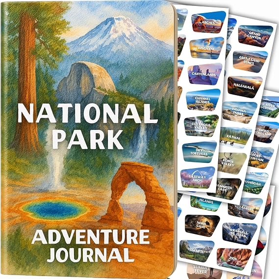 National Park Adventure Journal & Passport Tracker Book 75-Sticker Set, Bucket List Checklist, Guided Journal Prompts National Parks Gift for Travelers