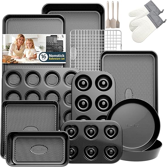 16-Piece Baking Pan Set, Nonstick Bakeware Set with Rack, Oven Mitts, Donut Pan, and Heart Pan, Stackable Carbon Steel Baking Set with Kitchen Utensils, Black