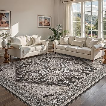 WITSHOCK Black 10x12 Large Living Room Rugs Washable Modern Vintage Boho Soft Low Pile Stain Resistant Foldable Carpet for Bedroom Playroom Dining Room Office, Distressed Farmhouse Floral Home Decor
