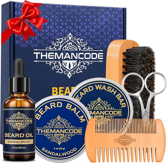 THEMANCODE Beard Grooming Kit for Men, Fathers Day Gift for Dad and Husband, Sandalwood Beard Care Kit with Oil, Balm, Wash Bar, Brush, Comb and Scissors