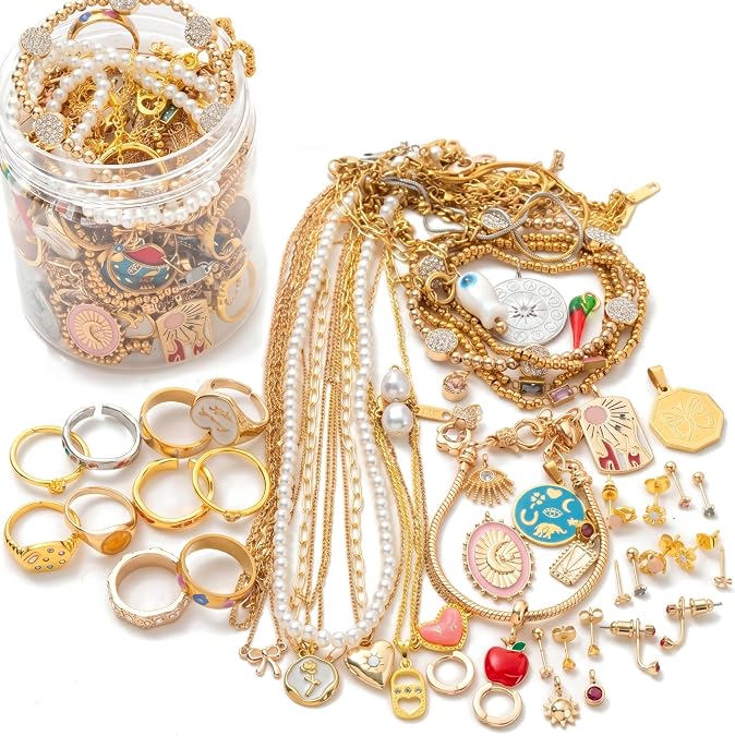 Mystery Jewelry Jar Mystery Jewelry Jar, 25-Piece Box Assorted Alloy Set with Earrings, Necklaces, Rings & Hair Clips, Gold