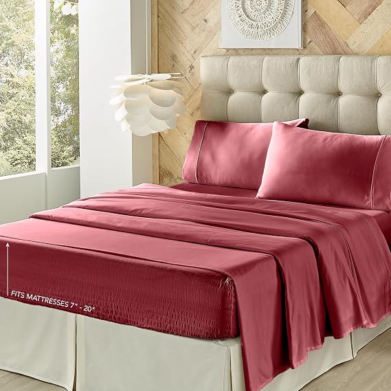 خمسة Queens Court Royal Fit Plush Microfiber ، 4 قطع ورقة ، بورجوندي ، 54x75 كاملة