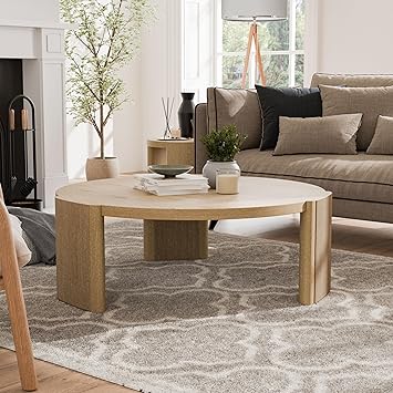 Furniture of America Carys 42 Round Coffee Table, Solid Rubberwood & Oak Veneer, Modern Wood Living Room Table with Plinth Base, Oak Finish