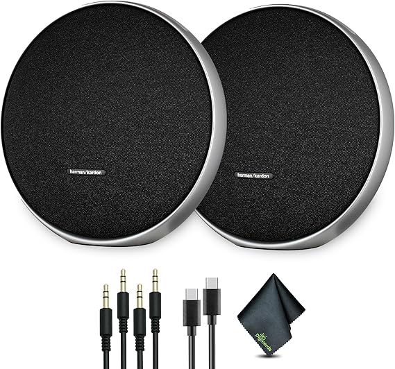 مكبر صوت ستيريو محمول بتقنية البلوتوث Harman Kardon Onyx Studio 9 (HKOS9BLKJN) (زوج) تتضمن الحزمة: كابل Aux 2X، مصدر طاقة، كابل Type-C، قماش من الألياف