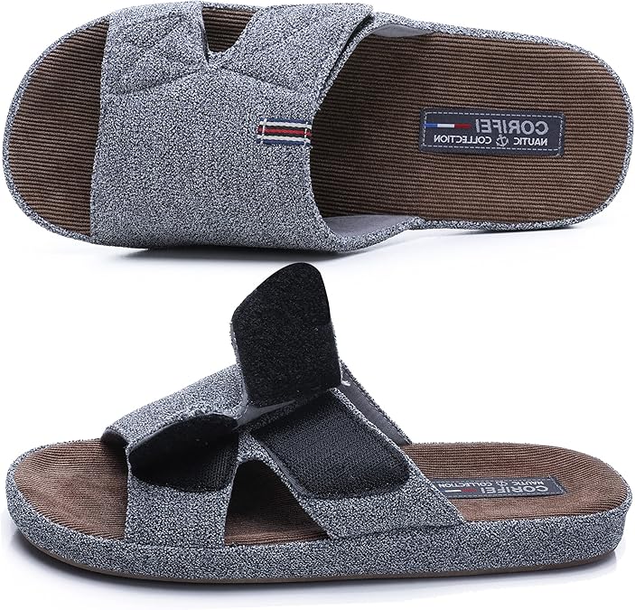 House Slippers for Men Open Toe with Low Arch Support Rubber Sole | Adjustable Indoor Slip On with Comfy Material
