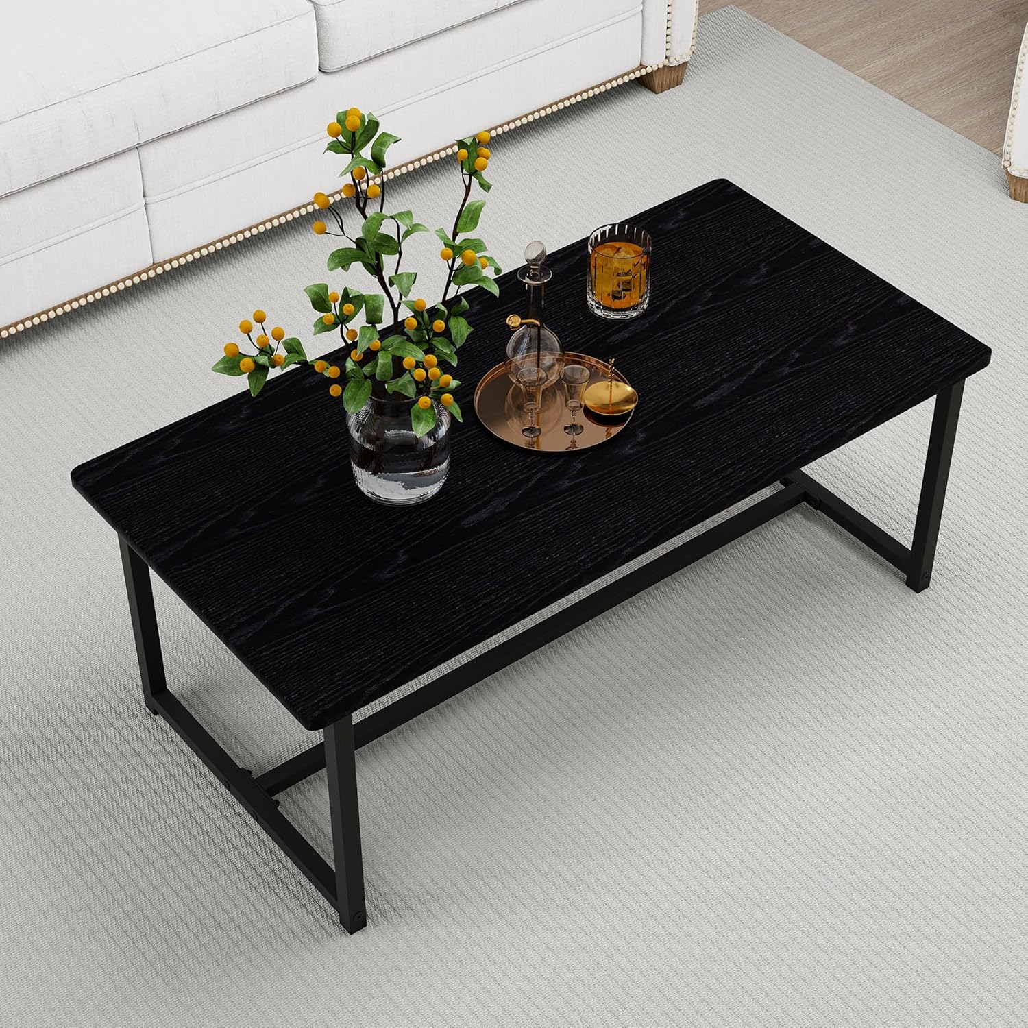 35.4 Rectangular Coffee Table for Living Room, Modern Industrial Style Coffee Table Center Table with Metal Frame for Small Space, Apartment, Office, Easy Assembly, Black