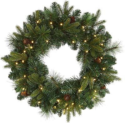 Nearly Natural 24in. Mixed Pine Artificial Christmas Wreath with 35 Clear LED Lights and Pinecones