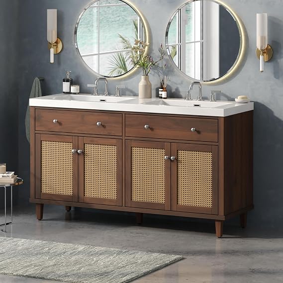 60 Inch Bathroom Vanity Double Sink Large Storage Bathroom Vanity with Countertop & Deep SMC Sink Modern Bath Vanity with 2 Tilt-out Drawers & 4 Soft-Close Rattan Doors,5 Pine Wood Legs,Brown