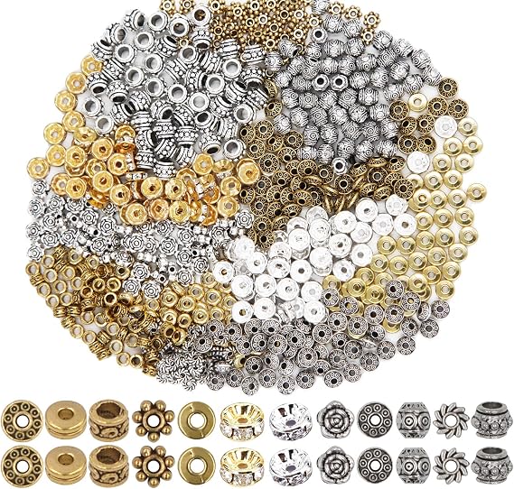 EuTengHao 600pcs Spacer Bead Jewelry Bead Charm Spacers Alloy Spacer Beads for Jewelry Making DIY Bracelets Necklace and Crafting (12 Styles، Silver and Gold)