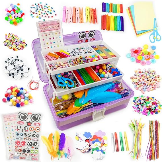 SMILESSKIDDO Arts Craft Supplies for Kids - 1000 + PCS Toddler DIY Craft Art Supply Set, 3 مشاريع محمولة قابلة للطي في صندوق التخزين - هدايا للفتيات الحرف اليدوية للفتيات من سن 4-8 8-12