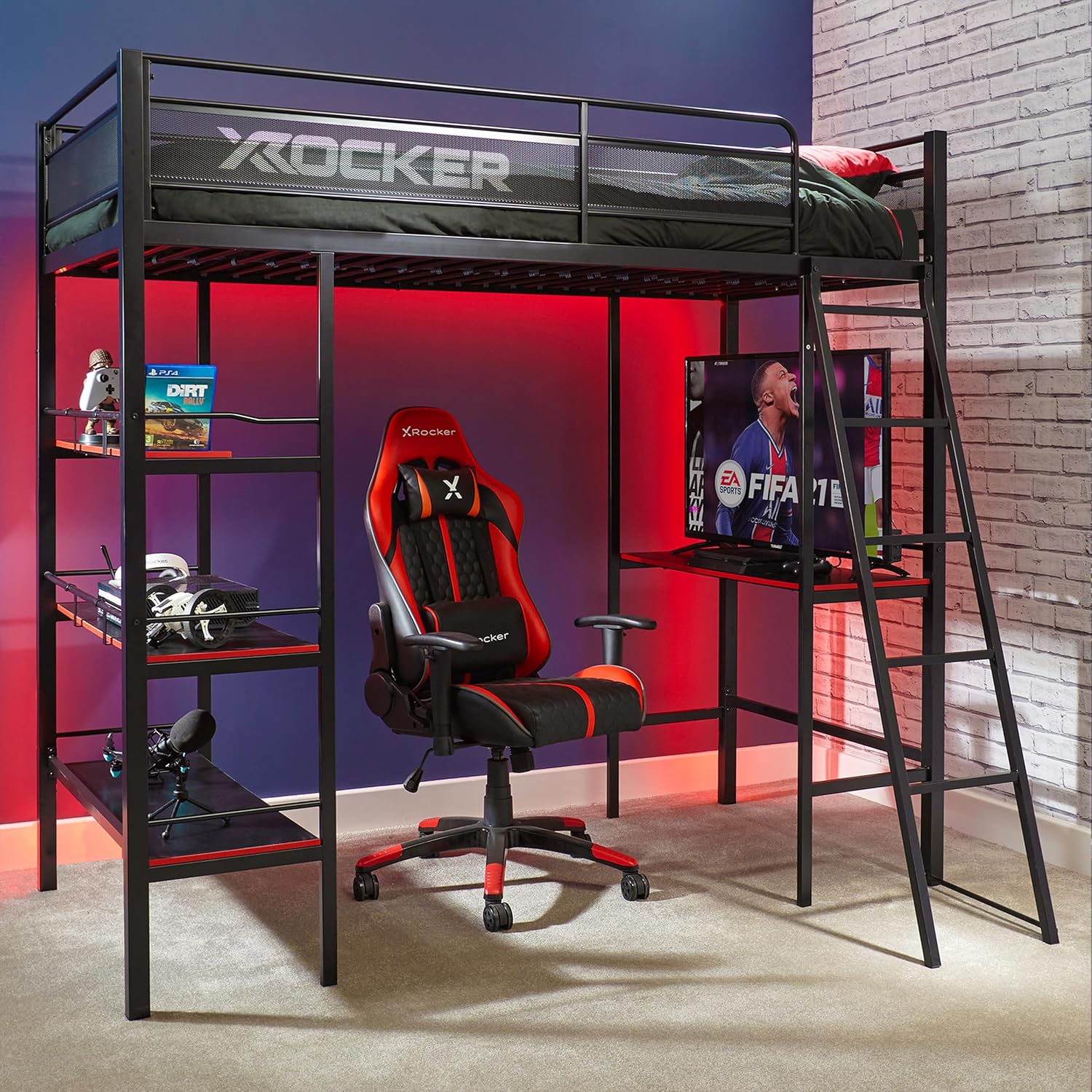 X-Rocker Fortress 3ft Single, High Sleeper Bunk Bed - 3 Shelves, Gaming Desk &amp; PC Storage Shelf, Fixed Ladder, Sturdy Metal Frame for Kids &amp; Teens - Black - 90x190cm
