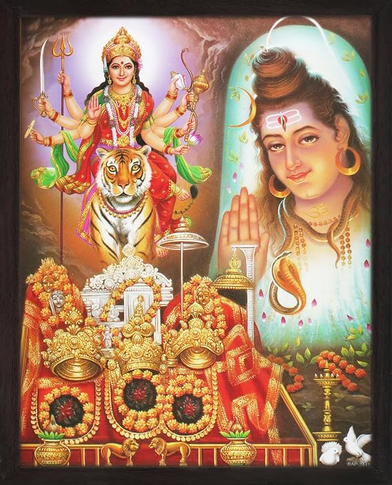 HandicraftStore Shiva Giving Blessing Maa Durga, A Poster Painting with Frame for Hindu Religious Worship Purpose